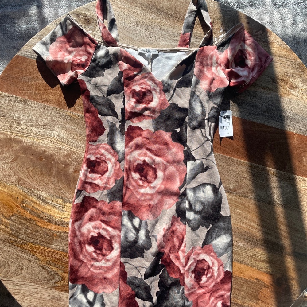 Tan dress with large roses